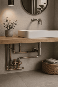 Lavabo de baño con instalación de fontanería vista y grifería empotrada en ambiente moderno